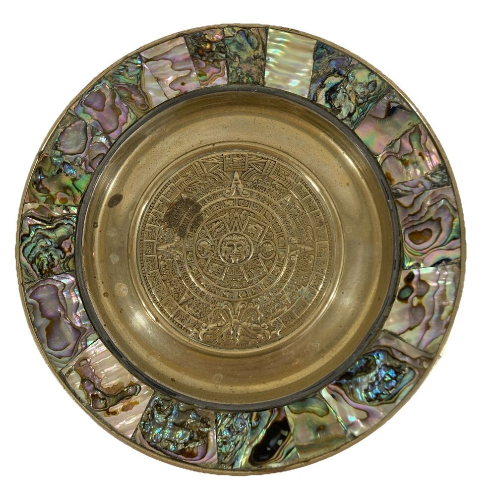 Vtg Mayan Aztec Calendar Alpaca German Silver Mexico Plate Mother Of Pearl 6”